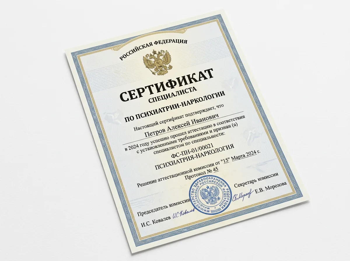 Сертификат специалиста по психиатрии-наркологии государственного образца, документ на белом фоне с государственной печатью и подписями
