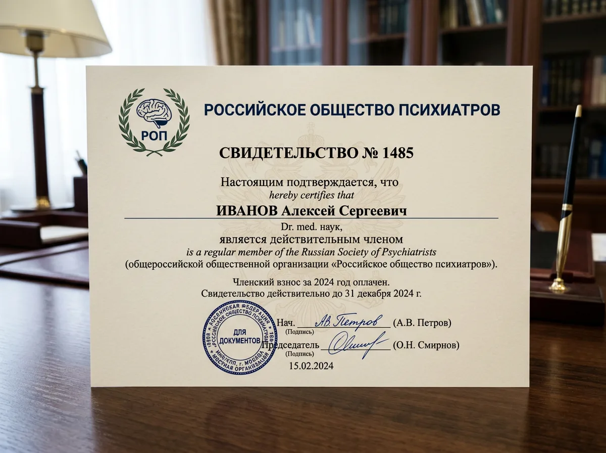Свидетельство о членстве в Российском обществе психиатров, официальный документ с печатью профессиональной организации
